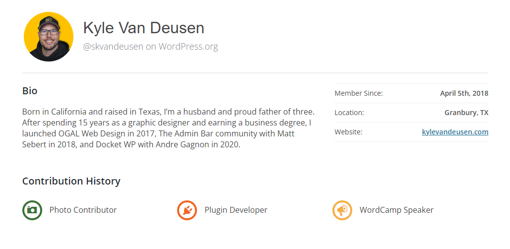 A screenshot of my profile on WP.org showing my Photo Contributor badge. 
